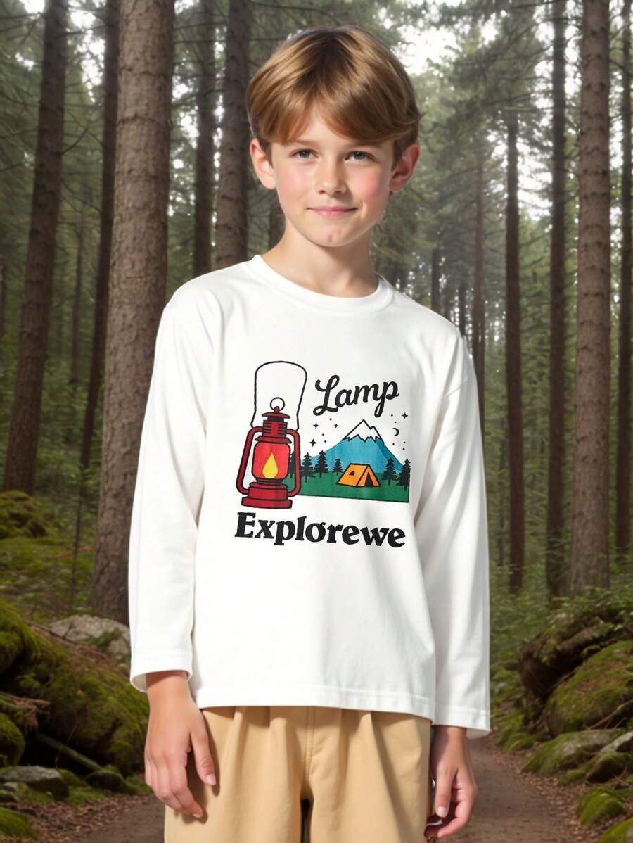 SHEIN Camiseta de manga larga con cuello redondo de forro polar para deportes al aire libre, para niño preadolescente - Blanco - Ver 1