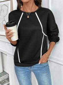 Calvaya Sudadera con cuello redondo de manga larga con empalmes geométricos en blanco y negro, para otoño/invierno