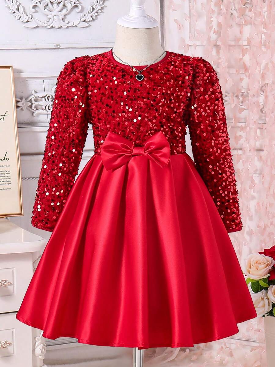 Glamorique Kids Đầm công chúa thanh lịch cổ tròn tay dài đính sequin trang trí nơ lưới cho bé gái giáng sinh - Đỏ - Xem 1