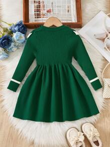 SHEIN 年轻女孩针织毛衣裙配珍珠装饰，优雅领口长袖圆领柔软针织裙适合休闲、郊游、旅行、度假、居家、日托、玩耍、上学、聚会 - 墨綠色 - 查看 2