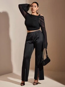 SHEIN BAE Plus Size Women's Black Slit Hem Pearl Decorated Skinny Flared Trousers,High Waist Pants For Autumn,70's Style Dinner Party,Elegant Work Wear, Y2K - Black - View 4