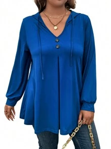Casual Hooded Long Sleeve Knit T-Shirt, Solid Color, Plus Size
