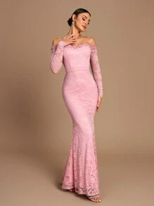 SHEIN Belle Vestido elegante de manga larga transparente con hombros descubiertos y volantes en el bajo, adecuado para bodas, fiestas, vacaciones, bailes de graduación, vestidos de dama de honor (adulto) - Rosa vieja - Ver 5