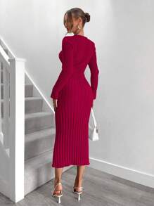 Roylia Elegant Twist Decor Fitted Solid V-Neck Long Sleeve Sweater Dress Fall Cloth For Women