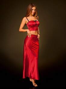 SHEIN SXY 2 件套优雅缎面连衣裙：细肩带吊带上衣 + 美人鱼长裙，适合派对、聚会、约会、生日 - 紅色 - 查看 5