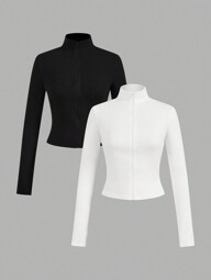 SHEIN EZwear 2 Pieces Set White And Black Knit Zip-Up Long Sleeve Casual T-Shirts For Women, Spring/Autumn