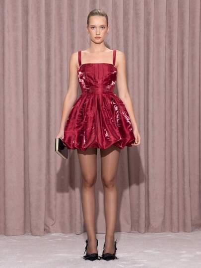 KHELA THE LABEL Designer Elegant Women's Solid Satin Burgundy Bubble Sexy Party Red Mini Dress, For Holiday Concert Outfit, Birthday Concert Outfits, Festival, Rave Outfits Festival, Wedding, Prom Dress, Graduation Dress, Women Summer Dresses