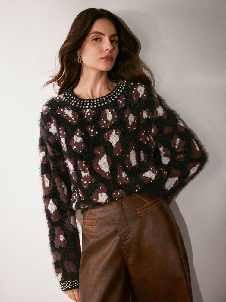 Women's Leopard Print Pearls & Rhinestones Fuzzy Crew-Neck Long Sleeve Sweater Top, Spring/Autumn, New Years Knit Pullover Fall Winter