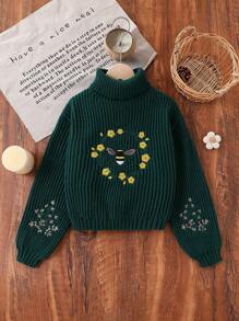 Girls' Retro Countryside Style Bee Embroidered High Neck Knitted Sweater - Green - View 1