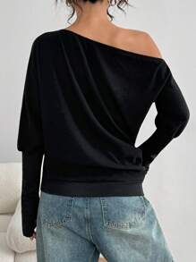 SHEIN Unity Autumn/Winter Casual Oblique Shoulder Elastic Cuff Long Sleeve T-Shirt Fall Cloth For Women - Black - View 2