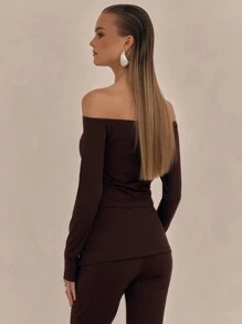 MUSERA 性感不对称领长袖上衣，适合度假、春夏秋季穿着。 - 棕色 - 查看 5