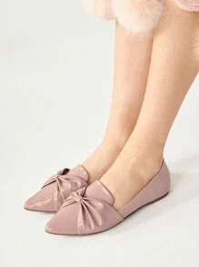 CUCCOO CHICEST Fashionable Lotus Root Pink PU Bowknot Pointed Toe Flat Loafers, Comfortable Light Weight For Commute, Dating And Shopping Valentine Day - Dusty Pink - View 2