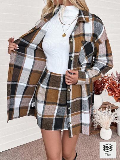 EMERY ROSE 2pcs Casual Outfit: Front Button Long Sleeve Plaid Top & Mini Skirt Set Fall Cloth For Women