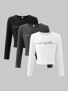 Girl's Casual Letter Print Long Sleeve Cropped Top With Fitted Design, Versatile And Fashionable T-Shirt To Pair With High-Waisted Pants, A-Line Skirts Or Mini Skirts - Multicolor - View 1