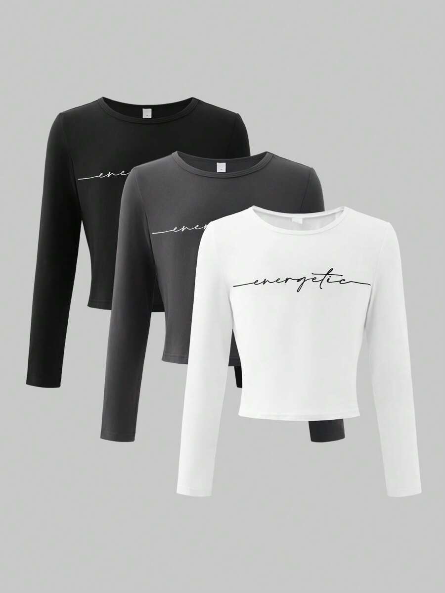 Girl's Casual Letter Print Long Sleeve Cropped Top With Fitted Design, Versatile And Fashionable T-Shirt To Pair With High-Waisted Pants, A-Line Skirts Or Mini Skirts - Multicolor - View 1