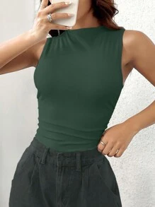 Flirla 女士休闲百搭纯色无袖紧身衣 - 墨綠色 - 查看 3