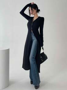 DAZY Women V-Neck Zipper Front Long Sleeve T-Shirt, Solid Color, Spring/Summer/Autumn,Fall Women Clothes - Black - View 2