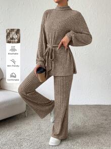 SHEIN Essnce 2 件套女士休闲宽松长袖上衣和裤子套装，秋季 - 摩卡棕 - 查看 7