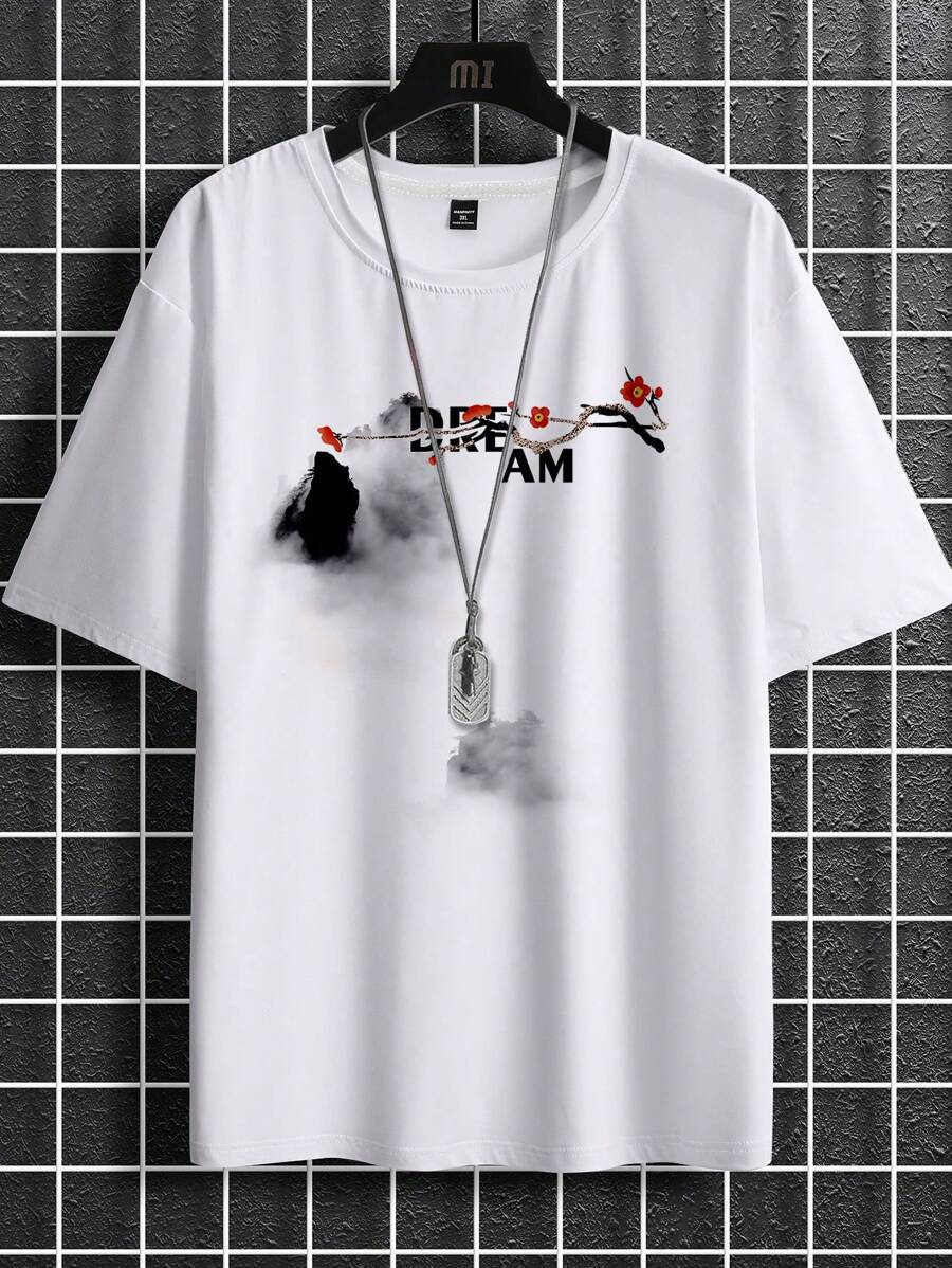 Manfinity Homme 大码男士休闲山地字母印花短袖 T 恤 - 白色 - 查看 1