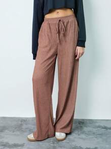 Flirla 1 pieza Pantalones rectos de punto con cintura elástica y cordón, cómodos y casuales, para otoño/invierno, para mujer