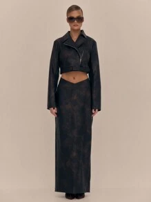 MUSERA 短款仿皮拉链机车夹克 冬季晚装 - 黑色 - 查看 3