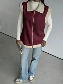SHEIN Privé Chaleco sin mangas con cremallera de borrego sintético de moda básica para mujer, cálido para otoño/invierno - Burdeos - Ver 4
