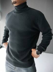 Manfinity CityGents Jerseys de cuello alto de color negro liso de manga larga para hombre, ideales para el otoño y el invierno