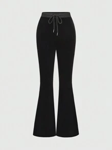 ROMWE J-Fashion 2 件套女士套装：天鹅绒 Y2K 水钻拼布连帽外套，搭配喇叭裤 - 黑色 - 查看 3