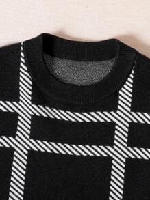 Tween Girl Classic Round Neck Long Sleeve Mid-Length Elegant Dress, Girls Autumn Outfit Plaid Mid-Length Knitted Long Dress, Girls Autumn Outfit - Black - View 3