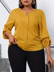 SHEIN PETITE CURVE 大码女式纯色圆领卷袖宽松衬衫 - 黃色 - 查看 5