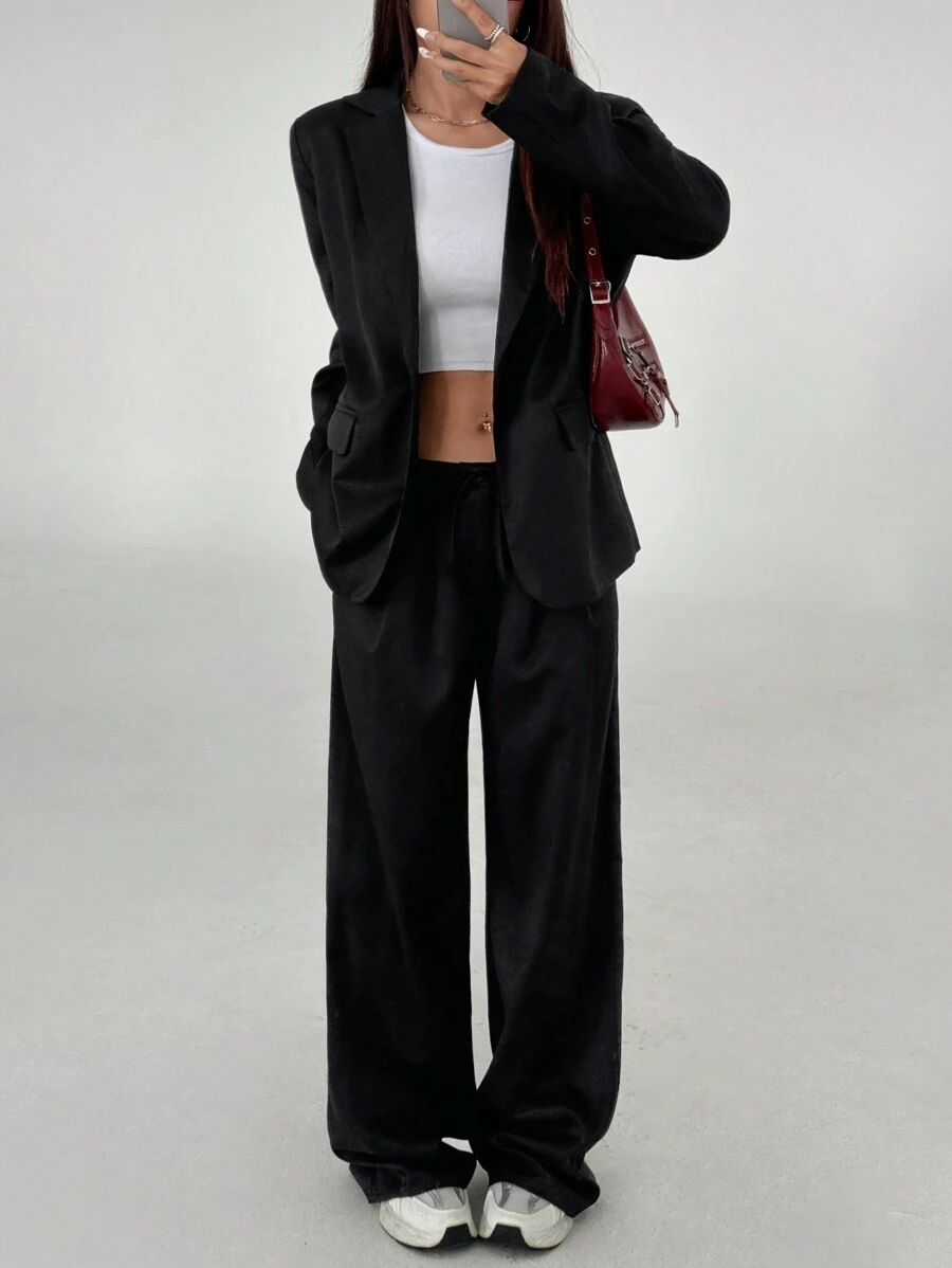 Flirla 黑色正式、休闲、购物、通勤西装直筒裤、西装、双口袋、日常、休闲、购物、通勤1件套女士西装套装 - 黑色 - 查看 1