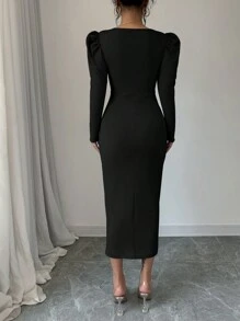 Rafferiza Square Neck Puff Sleeve, Front Pleated, Waist Cinched Elegant Women Dress Maxi Women Outfit Fall Cloth For Women - Black - View 2