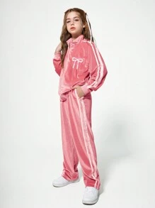 SHEIN Conjunto de 2 piezas para niña preadolescente casual y de moda, compuesto por sudadera con capucha con cremallera y bordados de lazos, y pantalones, para el otoño