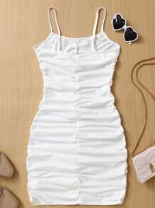 SHEIN Girlism Teen Girl Solid Pleated Simple Dress - White - View 2