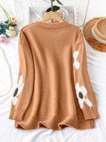 SHEIN LUNE Damen Große Größen Floral Jacquard Loose Langarm Pullover Strick Pulli Herbst Winter - Kamelfarben - Übersicht 2