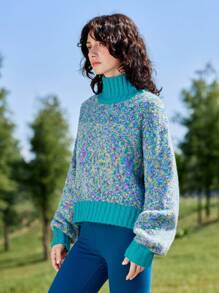 Skyraze Women Blue-Green High Neck Contrast Color Mixed Material Sweater, Knit Top For Winter - Multicolor - View 3