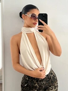 SHEIN ICON Solid Color Neck-Hanging Flounced Neckline Backless Sexy Sleeveless Tank Top - Apricot - View 3