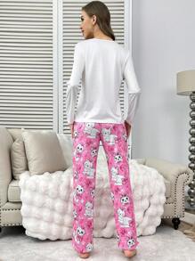 SweetSlumber Conjunto de pijama con estampado de gato lindo para mujer, ropa de otoño e invierno - Multicolor - Ver 2