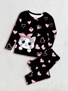 SHEIN Baby Girl Cute Pink Heart & Cat Print Casual Comfy Long Sleeve Top & Pants Snug Fit Loungewear Set - Multicolor - View 2