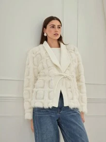 Enchnt Women's Solid Color Shawl Collar Long Sleeve Fluffy Knotted Waist Elegant Jacket For Winter,Fall Women Clothes,Winter Women Clothes - White - View 5