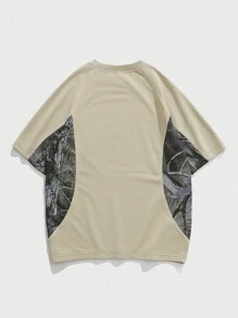 ROMWE MEN Street Life Men's Casual Street Camo Letter Patchwork Print Raglan Sleeve Short Sleeve T-Shirt, Summer - Khaki - View 2