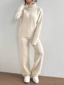 SHEIN Unity 2 件套宽松纯色高领毛衣和加长裤套装，百搭 - 彩色 - 查看 6