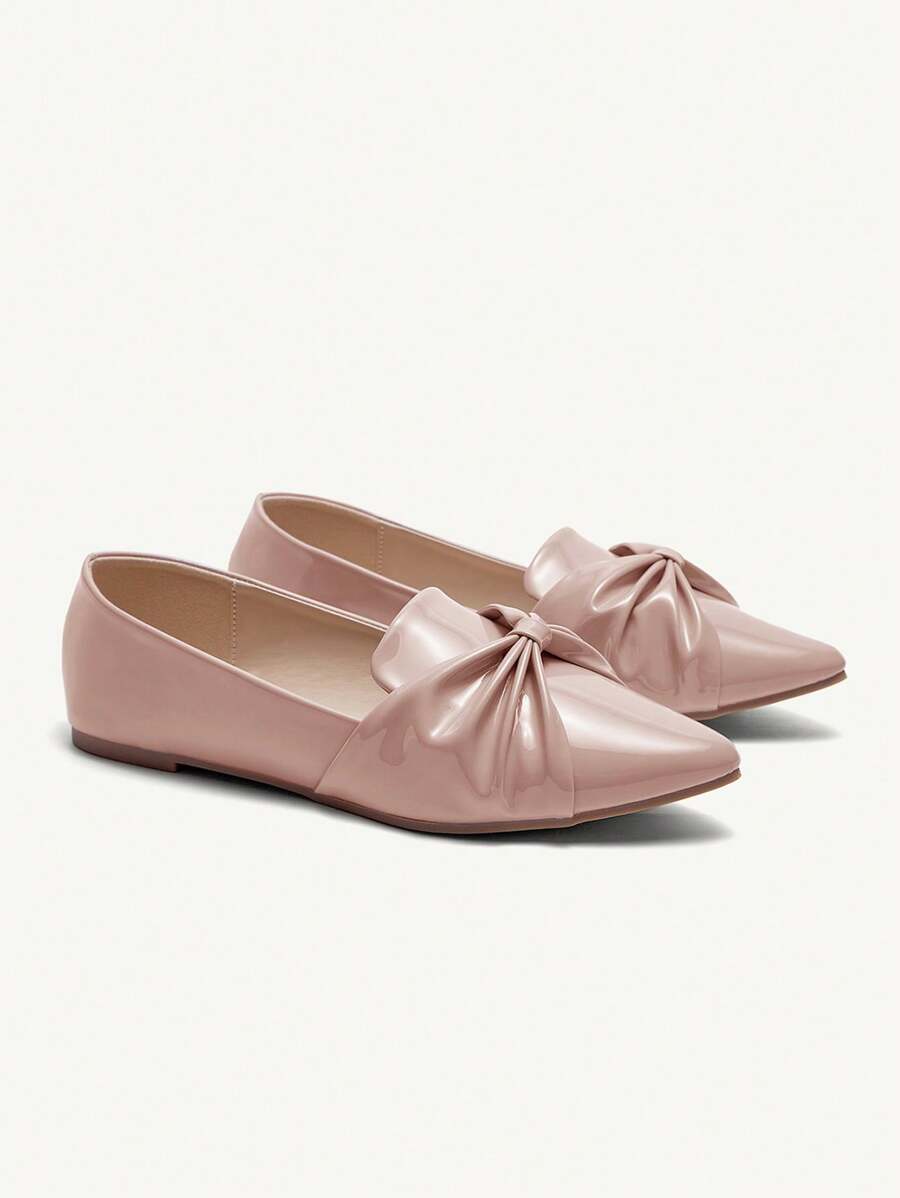 CUCCOO CHICEST Fashionable Lotus Root Pink PU Bowknot Pointed Toe Flat Loafers, Comfortable Light Weight For Commute, Dating And Shopping Valentine Day - Dusty Pink - View 1