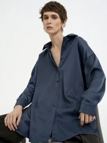 SHEIN LUNE Camisa gris de manga larga con diseño asimétrico elegante para mujer, primavera/otoño - Gris Oscuro - Ver 6