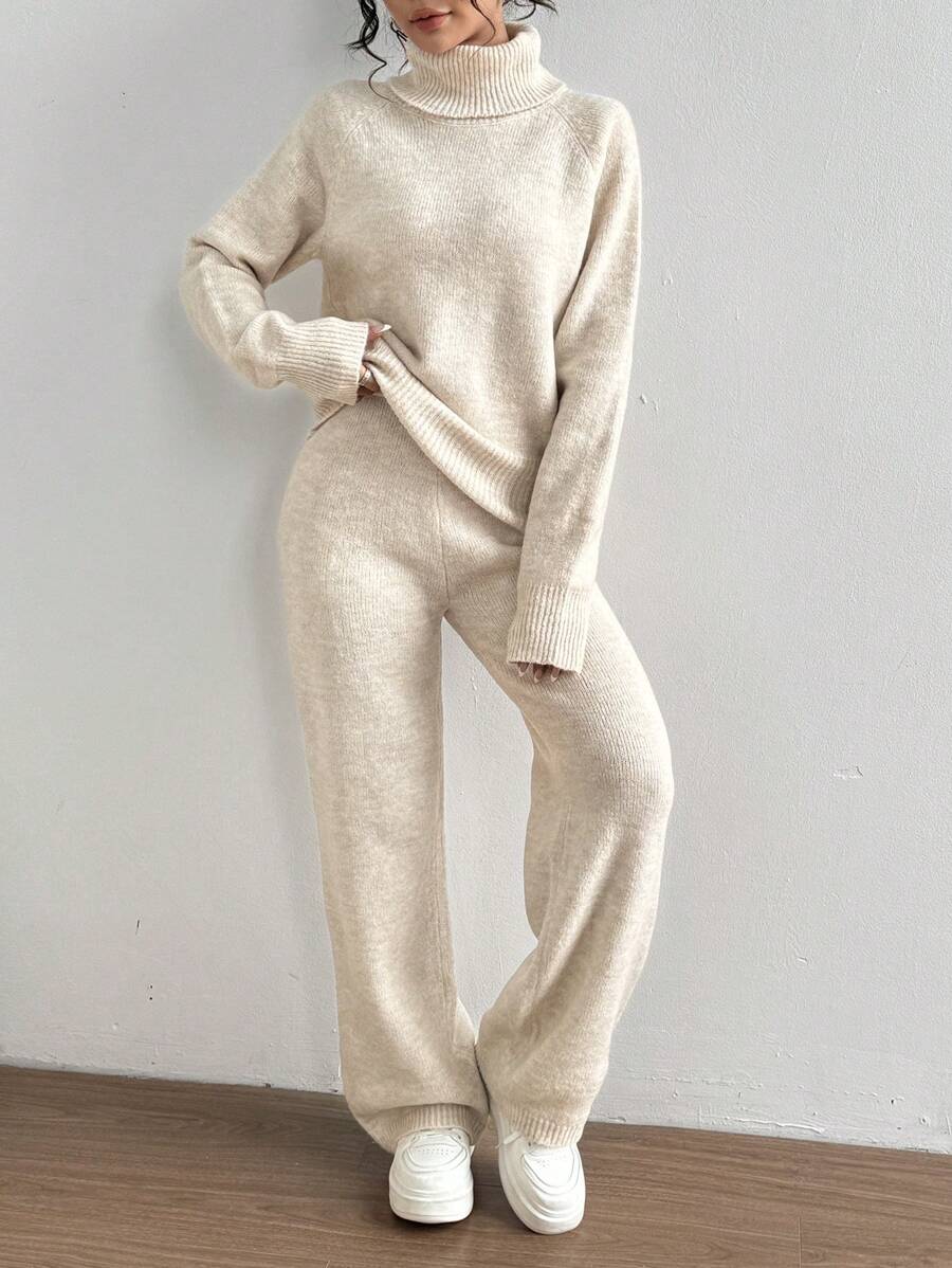 SHEIN Unity 2 件套宽松纯色高领毛衣和加长裤套装，百搭 - 彩色 - 查看 1