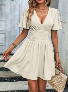 EMERY ROSE Plunge Neck Butterfly Sleeve Ruched Waist Dress - Beige - View 4
