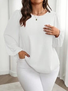 Juhart Áo cánh tay đèn lồng cổ tròn màu trơn cỡ lớn cho nữ, mùa thu - trắng - Xem 5