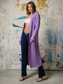 Denimoi Autumn/Winter Casual Cable Knit Wool-Like Long Cardigan - Purple - View 7