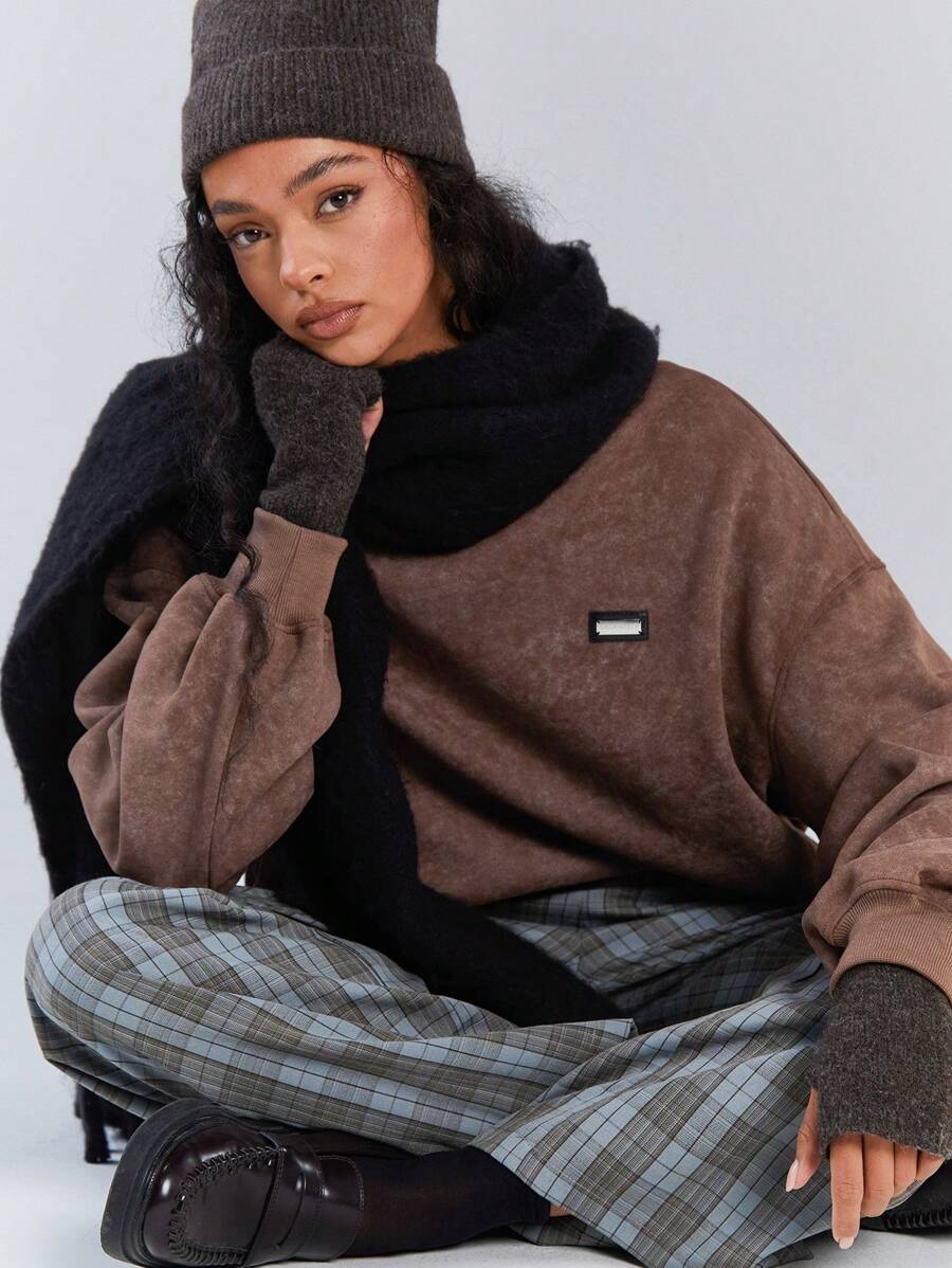 Athîral Áo nỉ in họa tiết tối giản cổ tròn tay dài cho nữ, mặc thường ngày - Cà phê nâu - Xem 1