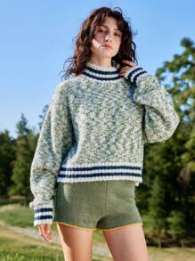 Skyraze 女士蓝白撞色罗纹边立领长袖毛衣 - 藍白色 - 查看 6